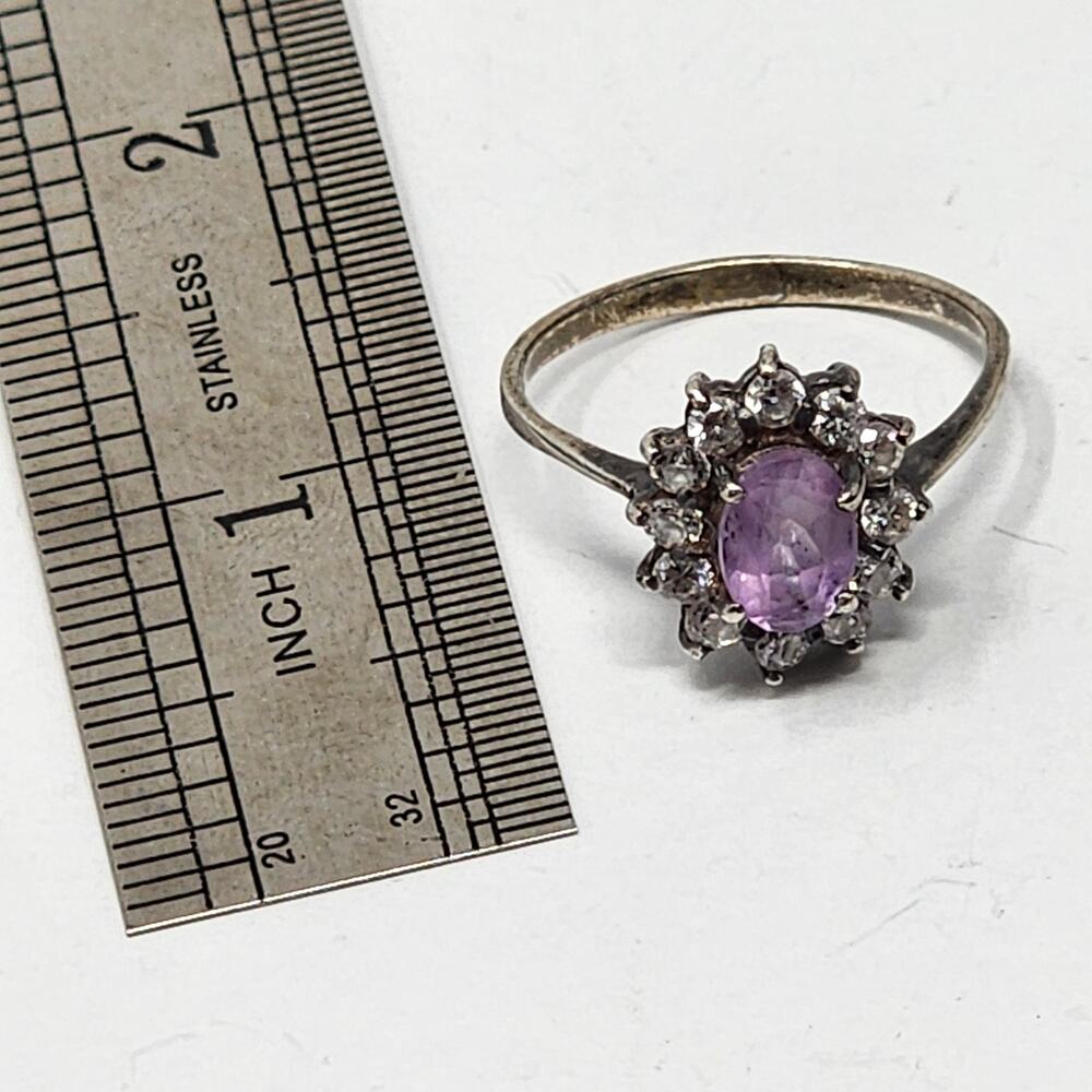 Vintage Amethyst & White Spinel Sterling Silver Size 9.5 Cluster Ring - Picture 6 of 7